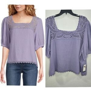 Democracy Cotton Women Crochet Square Neck Short Bubble Sleeve Scallop HemTop 2X